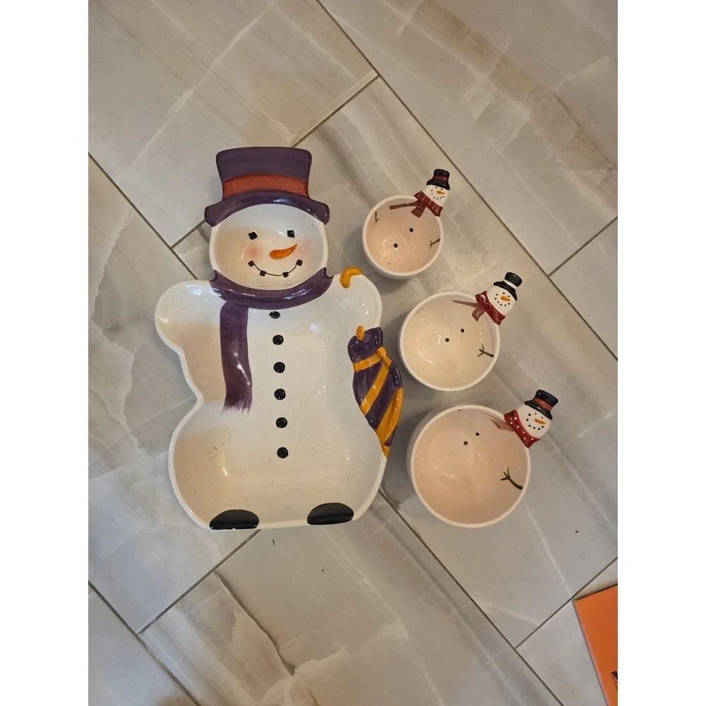Snowman Ceramic Serving Dish Set  4 Pieces  Holiday‎  Christmas Bowls Platte